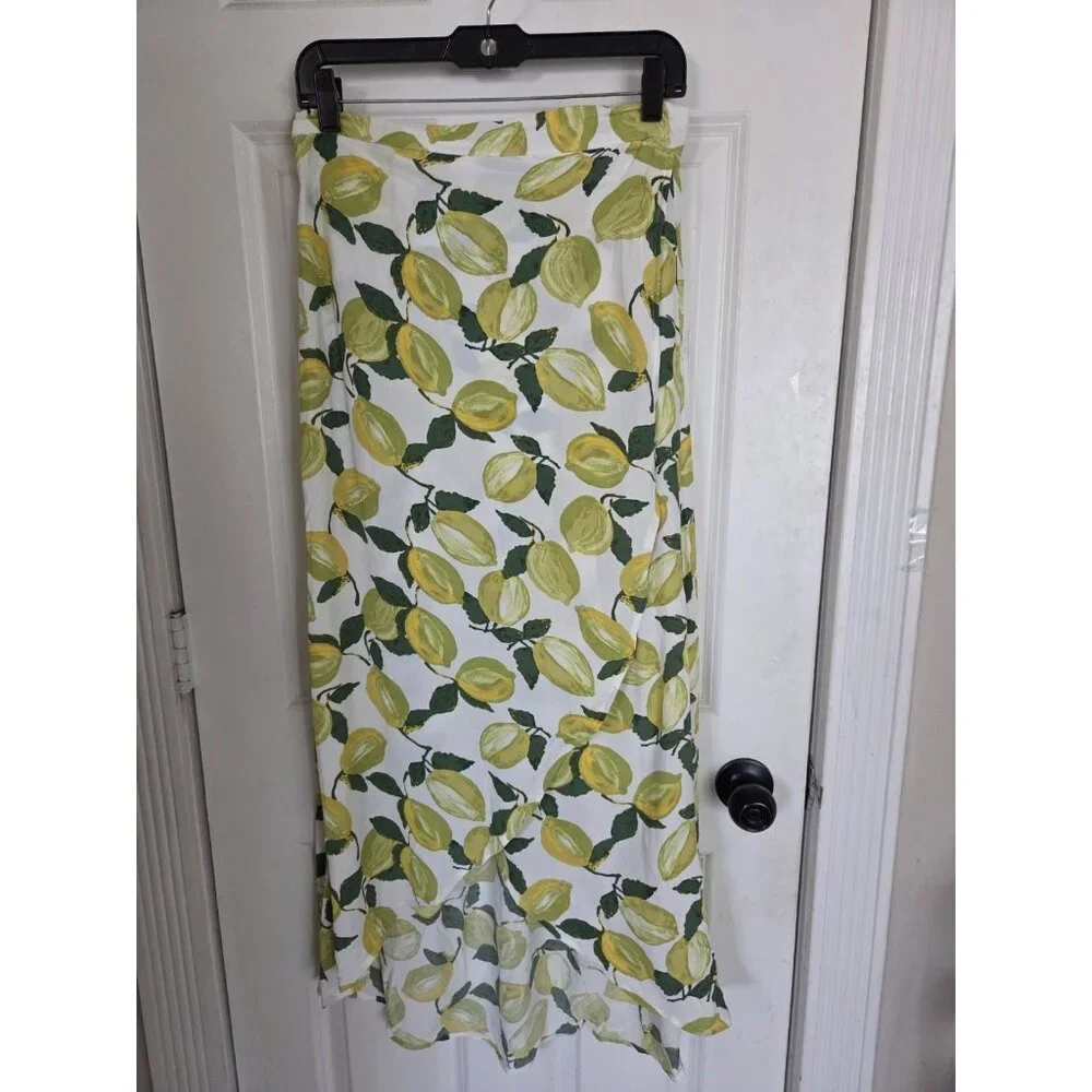 Fabienne Chapot Lime Print Tulip Hem Maxi Skirt Pull On Green White 8 US (38 EU)